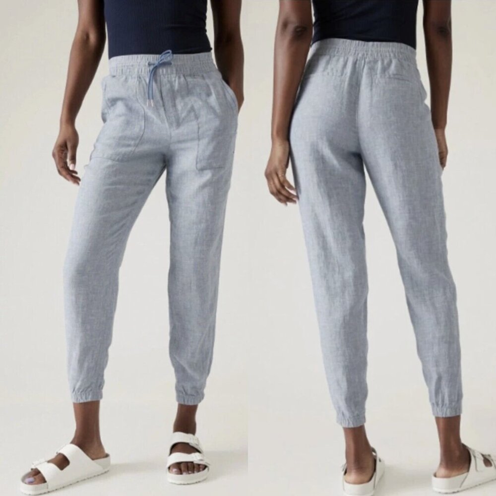 Athleta Retreat 100% Linen Relaxed Fit Jogger Pants in Light Chambray Blue, sz 2